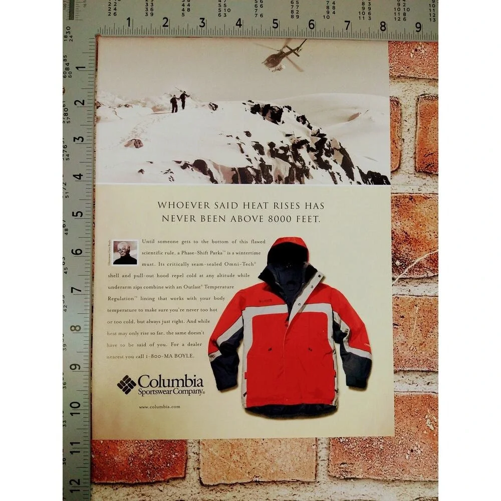 2001 Columbia Print Ad Jacket Mountain Y2K‎ Alpine Whoever Said Heat Rises